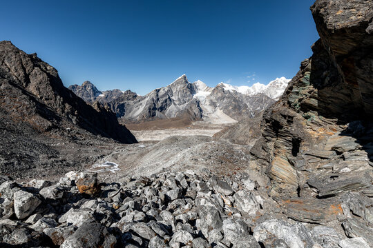 Lobuche village and Khumbu glacier far in the valley seen during hike to Kongma-la pass 