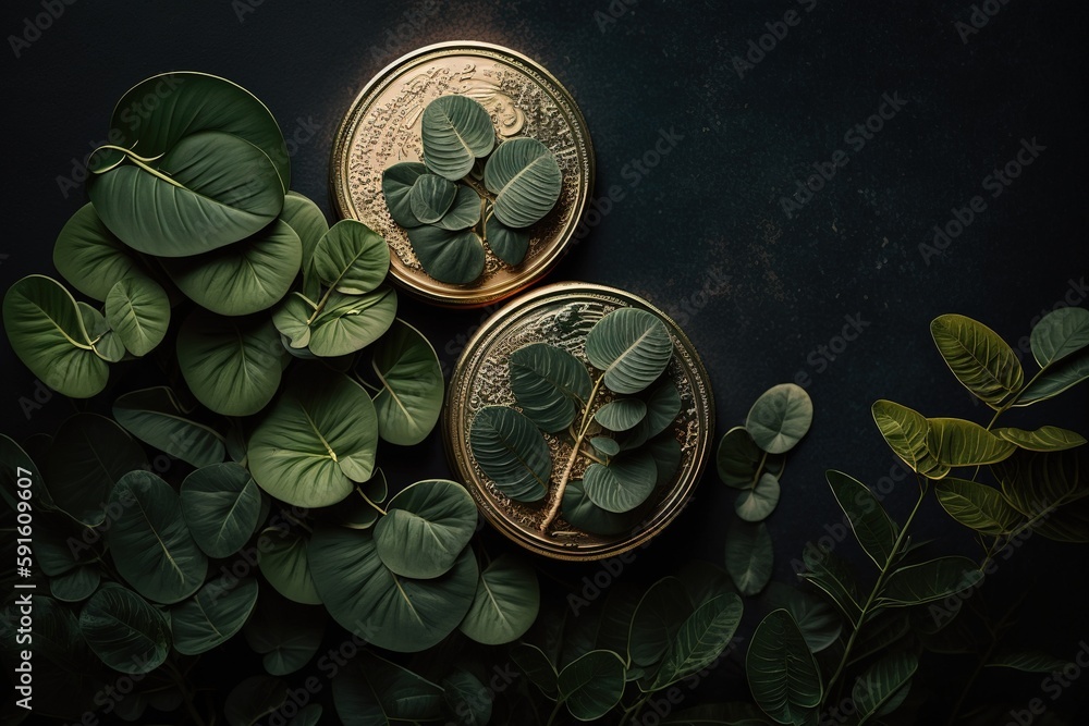Poster two coin stacks seen from above; greenery and copy space included generative ai