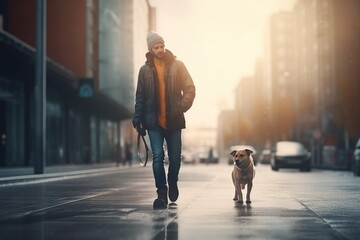 A man with dressed smart casual go and walking his dog in the urban exterior. A businessman with a dog on a leash. Generative AI