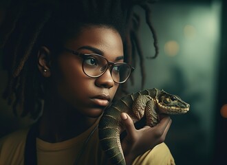 Portrait of a happy African American woman holding a lizard or chameleon. Unusual pets. Exotic animals. An iguana sitting in a city apartment. Generative AI