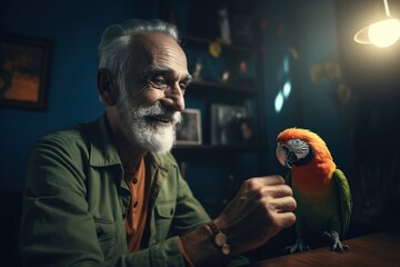 Portrait of a happy elderly man caring for a parrot. Unusual pets. A pet bird living in a city apartment. Generative AI
