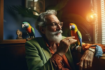 Portrait of a happy elderly man caring for a parrot. Unusual pets. A pet bird living in a city apartment. A man with a parrot on his hand.  Generative AI