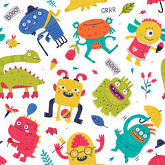 Funny Monster with Horns and Toothy Mouth Vector Seamless Pattern