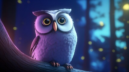 A wise, cute owl perched atop a moonlit tree, gazing at the starry sky, feeling thoughtful and serene in a pastel - colored illustration. 3d illustration. Generative ai.