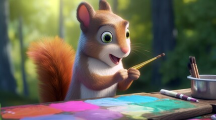 A bright - eyed, cute squirrel artist painting a beautiful forest scene, feeling inspired and passionate in a pastel - colored illustration. 3d illustration. Generative ai.