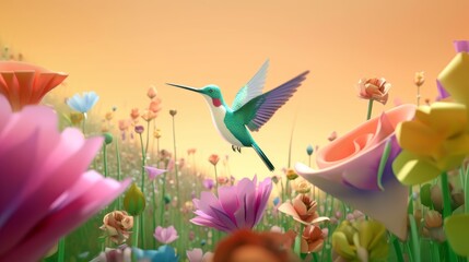 A carefree, cute hummingbird soaring through a blooming garden, feeling light and joyful in a pastel - colored illustration. 3d illustration. Generative ai.