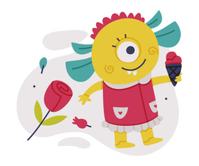 Funny Yellow Monster with One Eye Holding Ice Cream Vector Illustration