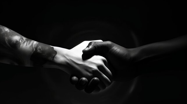 World day. A handshake between two people, with their arms forming the shape of the Earth, against a monochrome background with copyspace on the side. Generative ai.