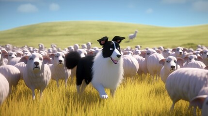A loyal, cute border collie herding a flock of sheep across a grassy hill, feeling responsible and dutiful in a pastel - colored illustration. 3d illustration. Generative ai.