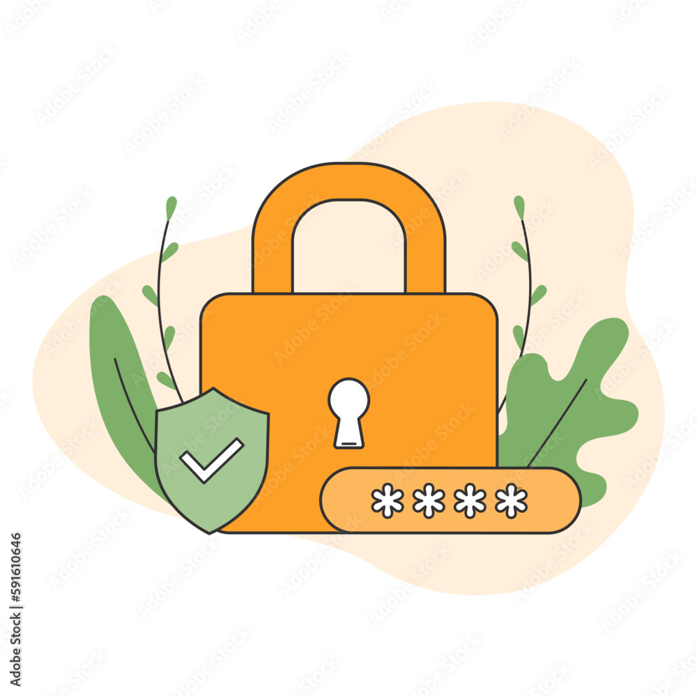 Poster cyber security concept. flat padlock with password and shield. the concept of personal data protecti