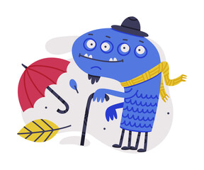Funny Blue Monster with Many Eyes Wearing Hat and Scarf Walking with Cane Vector Illustration