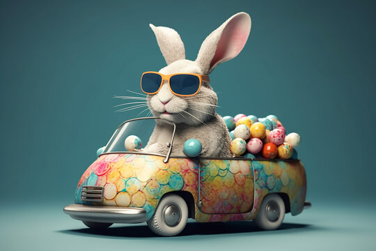 Rabbit with sunglasses driving a vintage retro car. AI generated image