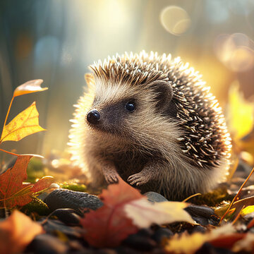 Close-up of a hedgehog in autumn forest, Generative AI