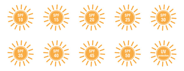 Set of flat SPF sun protection icons isolated on white background. Icons for sunscreen products or other skin cosmetics. Vector illustration