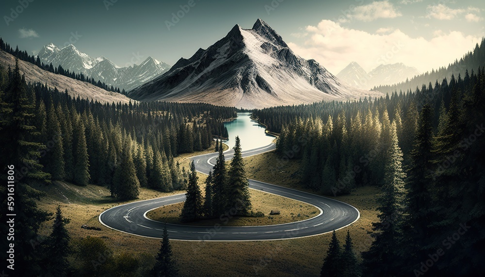 Poster Daytime views of a winding road leading up a mountain in the company of trees Generative AI