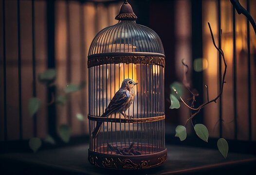 A Small Bird Escaping From A Birdcage. Generative AI