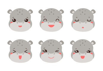 Cute hippo emoji icon set. Messenger emoticon. Safari animal icons. Kawaii hippopotamus emoji smile happy facial expressions. Cartoon animals vector signs. Kawaii anime comic style hyppo isolated.