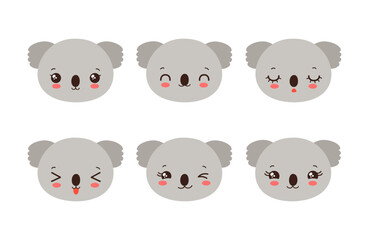 Cute koala emoji icon set. Messenger emoticon. Safari animal icons. Kawaii koala emoji smile happy facial expressions. Cartoon animals vector signs. Kawaii anime comic style koala bear isolated.
