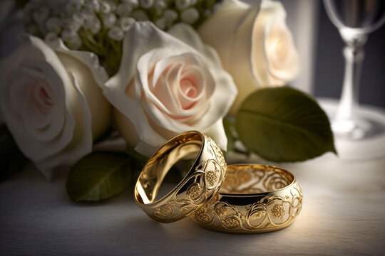 Wedding golden rings on the table. Super photo realistic background, generative ai illustration