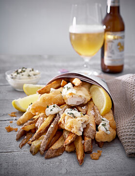 Beer Battered Fish and Chips with Glass of Beer, Studio Shot