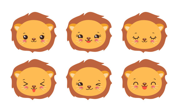 Cute lion emoji icon set. Messenger emoticon. Safari animal icons. Kawaii lion emoji smile happy facial expressions. Cartoon animals vector signs. Kawaii anime comic style lion cub isolated.