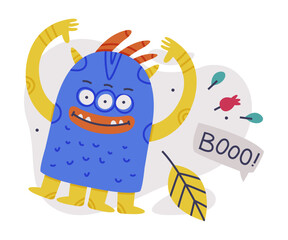 Funny Blue Monster with Toothy Mouth Making Boo Vector Illustration
