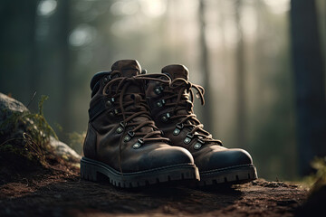 hiking boots in the woods created with Generative AI technology