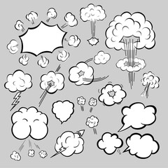 Set of cartoon clouds,explosions. Design elements for comics, merch and other graphic designs.