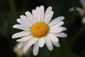 A white daisy with a yellow center is in a black background.