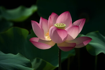 A pink lotus flower with a yellow center.