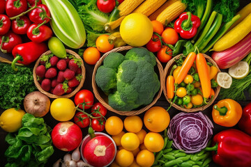 A variety of fruits and vegetables including broccoli, carrots, broccoli, and other fruits.