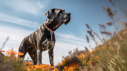 Adorable Great Dane Standing on Top of Mountain in Morning Looking at Camera. generative ai