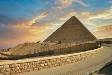 Beautiful sunset over the Great Pyramid in Giza, Egypt