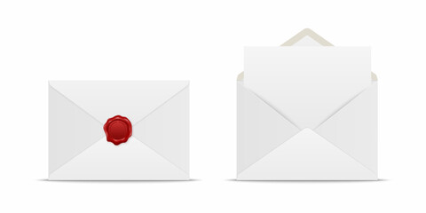 Vector Realistic White Closed Envelope with Red Wax Seal and Opened Envelope with Letter Inside. Folded and Unfolded White Envelope Icon Set Isolated. Message, Alert, Surprise, Secret Concept