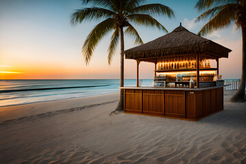 Fototapeta premium Bar on the sandy beach with the ocean or sea and palm trees as a backdrop. Ai generative.