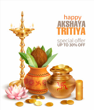 Promotion banner with Kalash, gold coins and diya (oil lamp) for Indian festival Akshya Tritiya. Vector illustration.