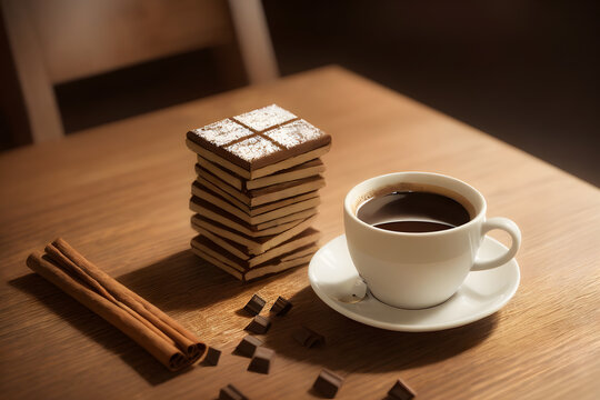Сup of coffee on the table, decorated with a cinnamon stick and pieces of chocolate. Ai generative.