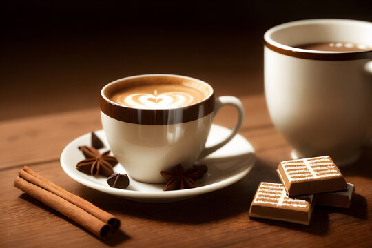 Сup of coffee on the table, decorated with a cinnamon stick and pieces of chocolate. Ai generative.