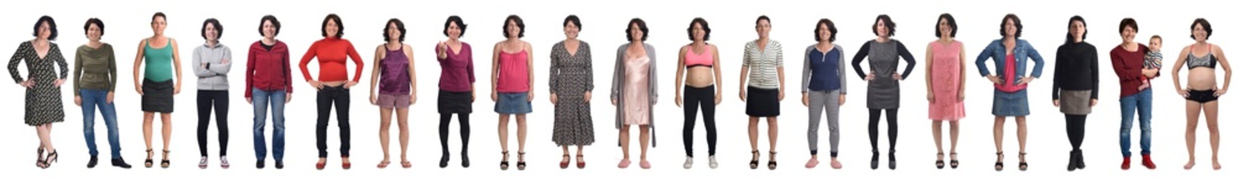 line of  front view of the same woman in different outfits at different times in her life on white background