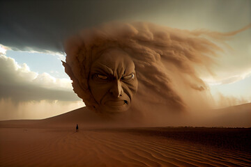 Angry Giant Head Made of Sand in Middle of a Desert. Generative ai