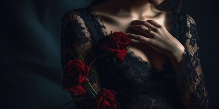 A Beautiful brunette Woman in a moody and sensual atmosphere - The woman wearing a black dress - Red roses placed in Room - Soft lightning, dreamy and romantic atmosphere - AI generated woman