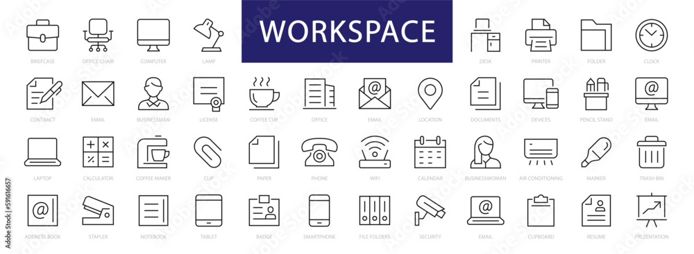 Leinwandbilder workspace & office thin line icons set. office and workspace editable stroke icon collection. worksp