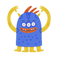Funny Blue Monster with Yellow Arms Raised Up Vector Illustration