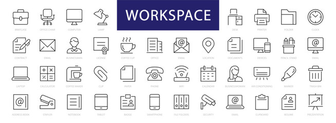 Fototapeta na wymiar Workspace & Office thin line icons set. Office and Workspace Editable Stroke icon collection. Workspace symbols set. Vector