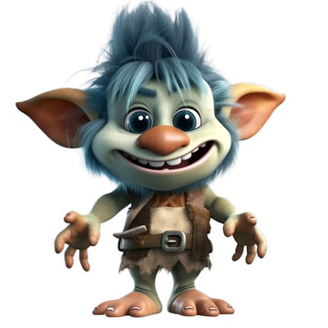 fantasy troll, cute 3d cartoon troll isolated on transparent background, Generative AI