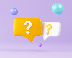 3d rendering illustration bubble chat icon question mark yellow. 3d question mark on speech bubble icons. FAQ symbol concept. Have a question, question answer sign. 3d render.