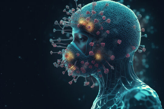 Ilustraci&oacute;n de virus entrando en el organismo e infectando v&iacute;as de entrada y cerebro del ser humano.Ilustraci&oacute;n de IA Generativa 