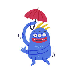 Funny Blue Monster with Horns Holding Umbrella Vector Illustration