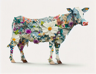 Beautiful Cow made of Paper Collage Flowers. Generative ai - 591617284