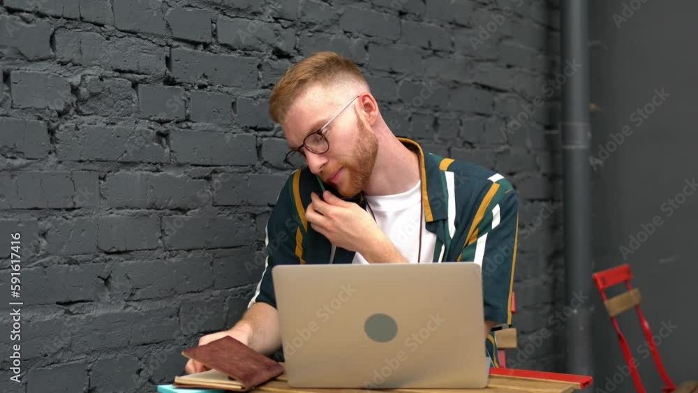 Poster caucasian male in optical spectacles for vision protection doing distance job on modern laptop compu